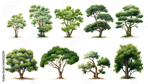 Beautiful Chinese trees and leaf elements, set of various types of Chinese Pine Tree, Chinese Banyan, Chinese Parasol Tree, isolated on white background