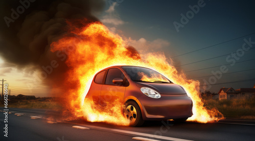 A dramatic scene in a city street, electric or hybrid no brand silver car is engulfed by intense orange flames from internal battery. Generative AI © bluebeat76