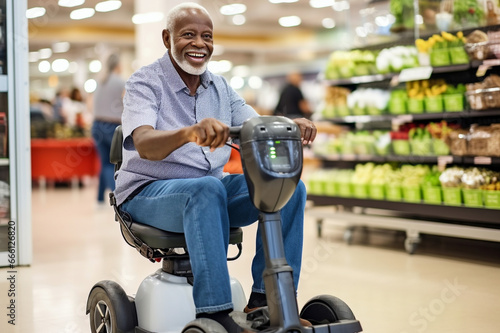 Elderly African American man on a mobility scooter at the mart, choosing groceries