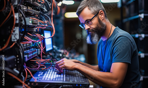 portrait of Computer Network Support Specialist, Analyze, test, troubleshoot, evaluate existing network systems, local area LAN, wide area WAN, and Internet systems or a segment of a network system.
