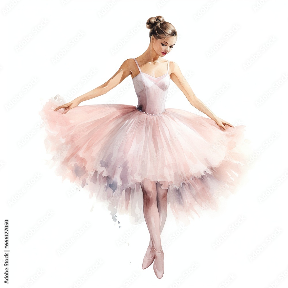 Naklejka premium Watercolor illustration of a ballerina, young girl, tutu, pointe shoes, full length dancer