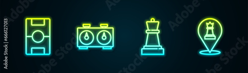 Set line Hockey table, Time chess clock, Chess and . Glowing neon icon. Vector