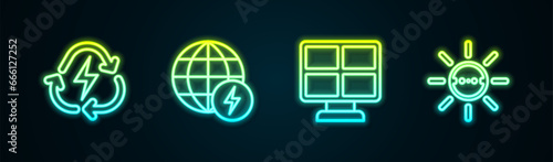 Set line Battery with recycle, Global energy power planet, Solar panel and . Glowing neon icon. Vector