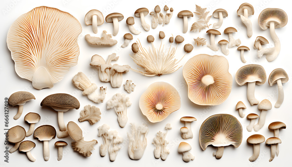 Top-view beautiful Chinese mushrooms and nature elements, set of various types of King Oyster Mushrooms (Eringi Mushrooms) and Maitake Mushrooms, isolated on white background Top-view beautiful Chinese mushrooms and nature elements, set of various types of King Oyster Mushrooms (Eringi Mushrooms) and Maitake Mushrooms, isolated on white background