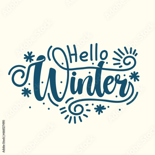 Hello Winter hand drawn typography vector illustration. Winter logos and sticker for invitation, greeting card, t shirt, print, banner and poster. Winter lettering template design. Hello winter logo