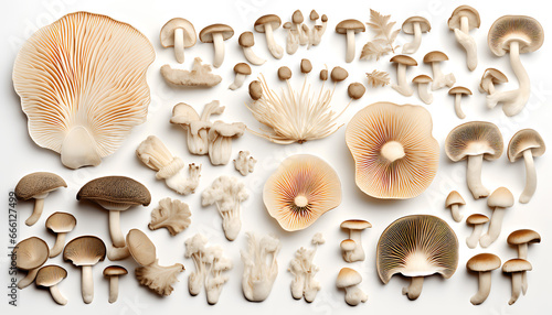 Top-view beautiful Chinese mushrooms and nature elements, set of various types of King Oyster Mushrooms (Eringi Mushrooms) and Maitake Mushrooms, isolated on white background