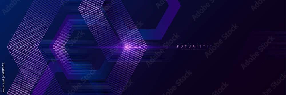Trendy purple abstract glowing geometric hexagon lines background. Futuristic technology digital hi-tech concept banner. Vector illustration Trendy purple abstract glowing geometric hexagon lines background. Futuristic technology digital hi-tech concept banner. Vector illustration
