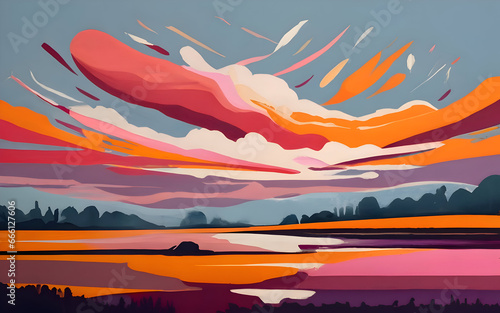 Acrylic Landscape Modern Painting. Hand Drawn  Print. Traditional Gouache Wall art Artwork. Painted paper texture fragment. Sunrise or sunset nature scene. Field, forest, sky with clouds scene. (ID: 666127606)
