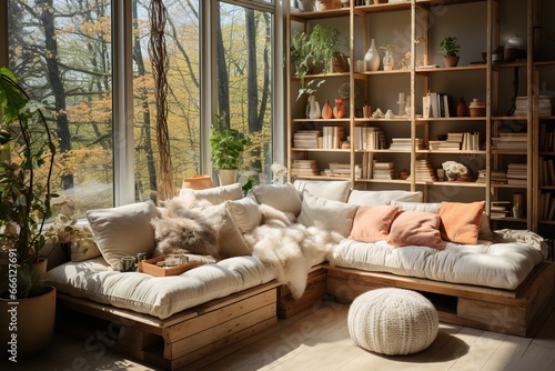 Salon avec canapé et baies vitrées, ambiance chaleureuse. Living room with sofa and bay windows, warm atmosphere.