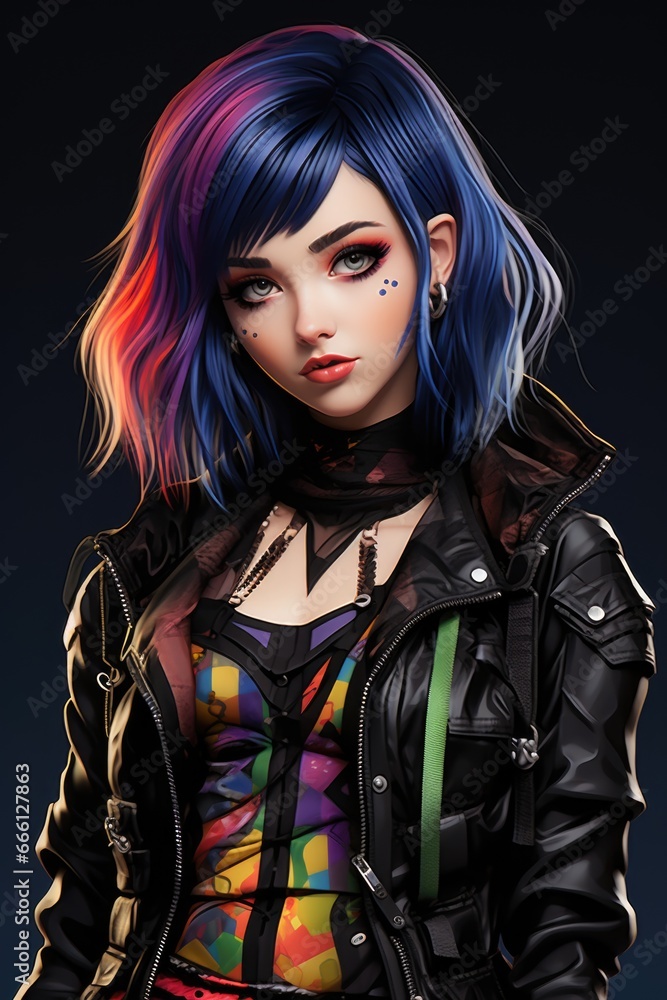 A woman with blue hair wearing a leather jacket A woman with blue hair wearing a leather jacket