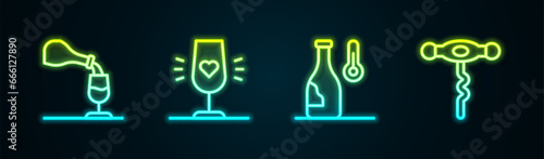 Set line Wine tasting, degustation, glass, temperature and corkscrew. Glowing neon icon. Vector