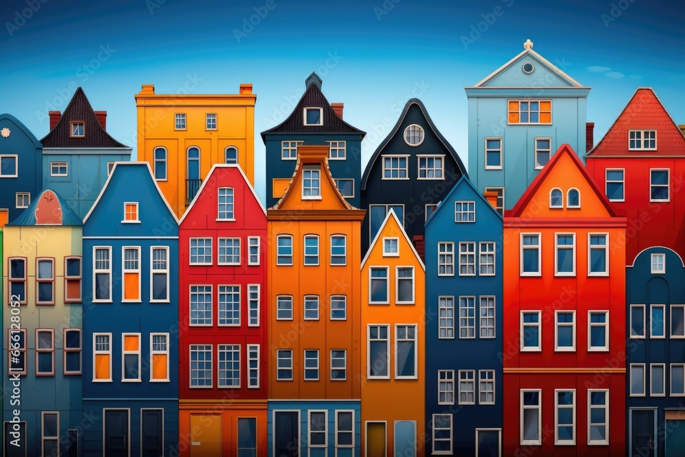 A group of colorful buildings with a blue sky in the background