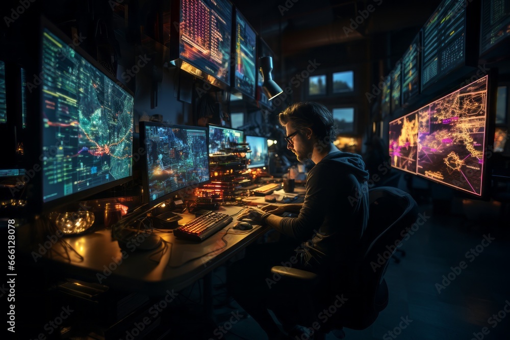 IT specialist sits in dark office and looks at several monitors with his hands on the keyboard. Young man is engaged in testing websites, debugging programs, data analysis, expert development, coding.