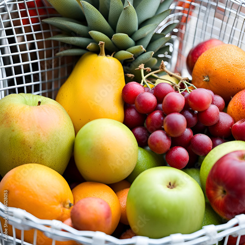 Wire shopping basket full of fruit