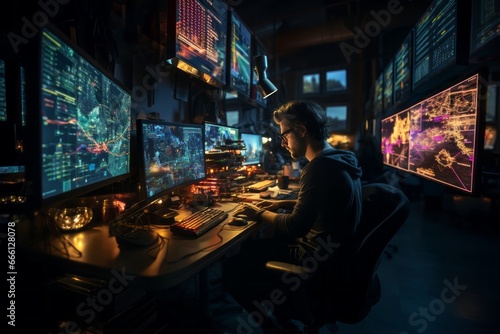IT specialist sits in dark office and looks at several monitors with his hands on the keyboard. Young man is engaged in testing websites, debugging programs, data analysis, expert development, coding.