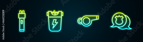 Set line Police electric shocker, , Whistle and badge. Glowing neon icon. Vector