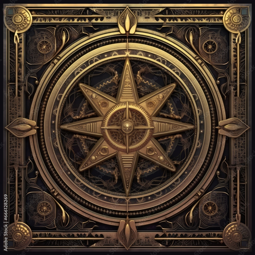 brass mystical cosmos compass planet tarot card constellation navigation zodiac illustration