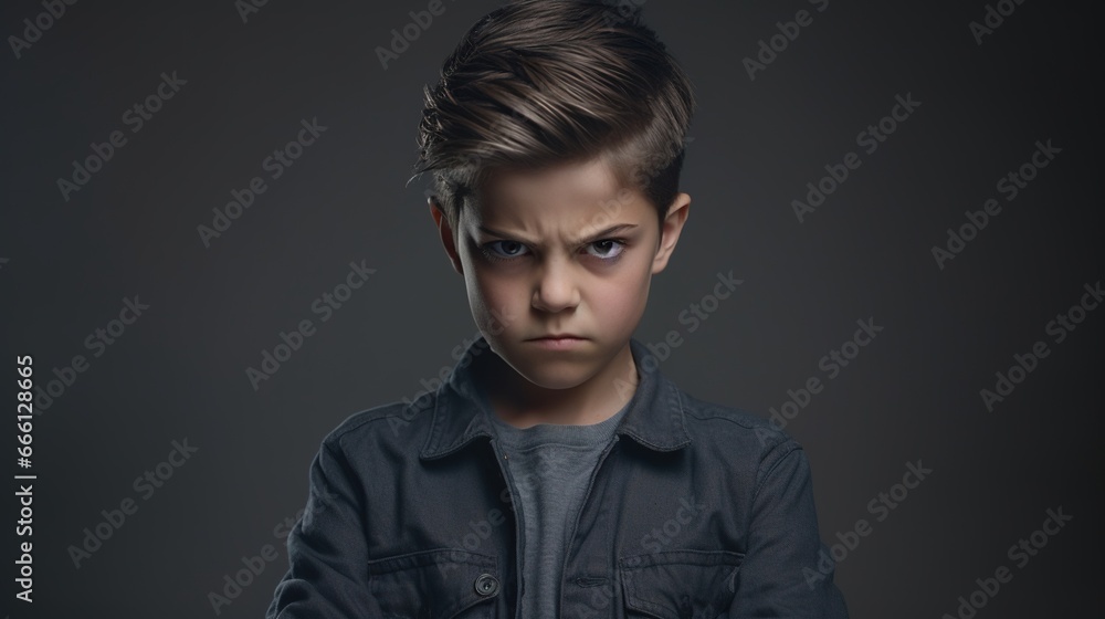 Angry Boy Looking at the Camera Isolated on the Minimalist Background
