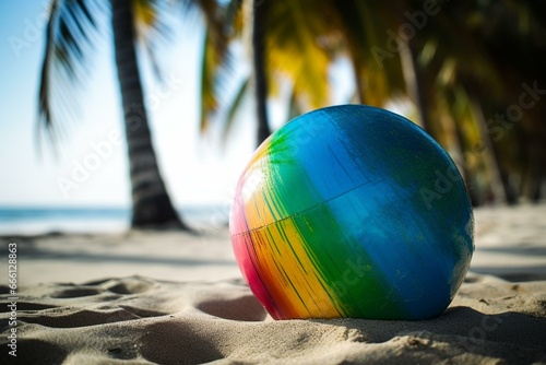 closeup of a beach ball on a tropical beach with a palm tree in the background. Generative AI