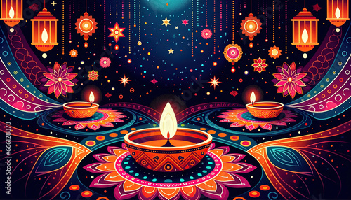 colorful diwali greeting with vibrant fireworks, rangoli patterns and diya lamps