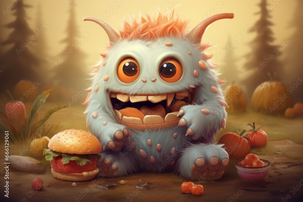 Hungry Cute monster eating. Funny kid bakery. Generate Ai