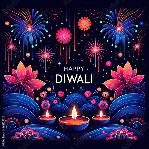 colorful diwali greeting with vibrant fireworks, rangoli patterns and diya lamps