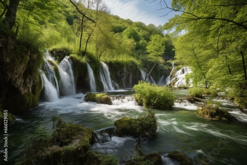 Scenic cascades in Plitvice lakes. Generative AI