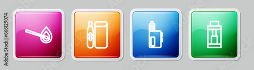 Set line Burning match with fire, Electronic cigarette, Vape mod device and . Colorful square button. Vector