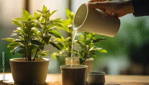 Indoor Plant Maintenance. Watering a Green Plant in a Pot in a Home Office. A person is watering a small green plant in a pot on a wooden desk in a home office. The plant pots are real and natural