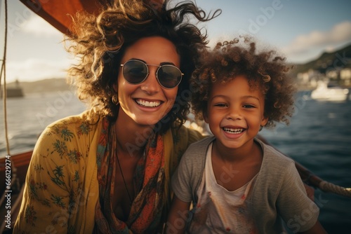 Charming mother and son on the deck of sailing boat moving in sea. Happy traveling African American family enjoying boat trip. Active leisure, family vacation, sports, fun and recreation.