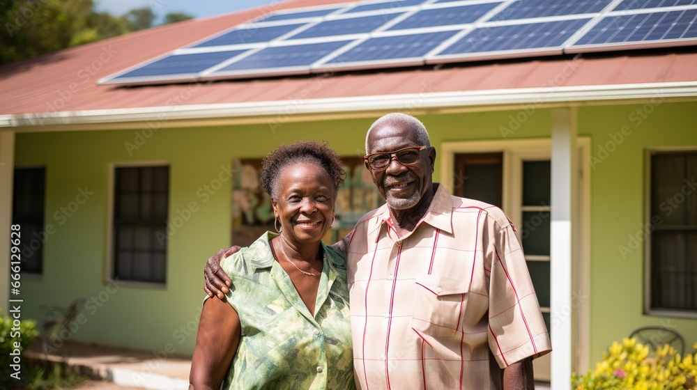Happy elderly African-American couple in front of a house with solar panels, green energy concept