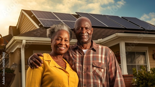 Happy elderly African-American couple in front of a house with solar panels, green energy concept photo
