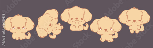 Collection of Vector Cartoon Golden Retriever Dog Art. Set of Kawaii Isolated Animal Illustrations for Prints for Clothes, Stickers, Baby Shower, Coloring Pages