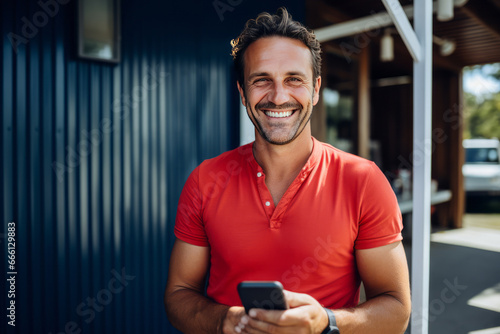 Smiling middle-aged man with a smartphone against the background of a garage. An experienced entrepreneur runs business of car repair and service. Small business and private entrepreneurship.