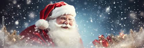 Santa Claus with Christmas gifts banner, spreading holiday cheer © Pavel