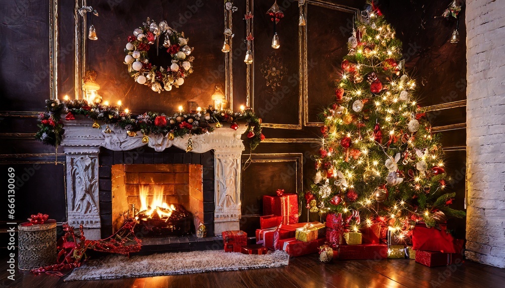 fireplace with christmas tree and decorations