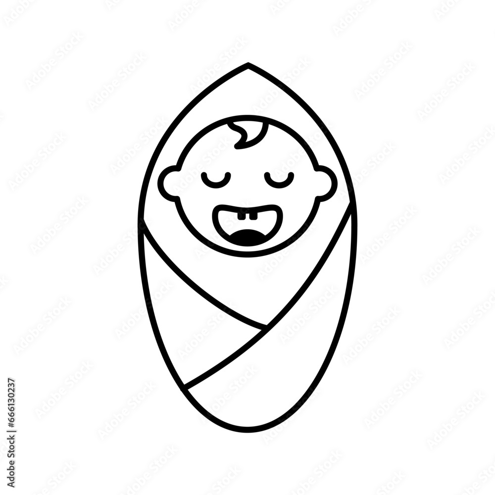 Cute sleepy baby in diaper icon. Cheerful sleeping child wrapped in cocoon with black vector blanket Cute sleepy baby in diaper icon. Cheerful sleeping child wrapped in cocoon with black vector blanket