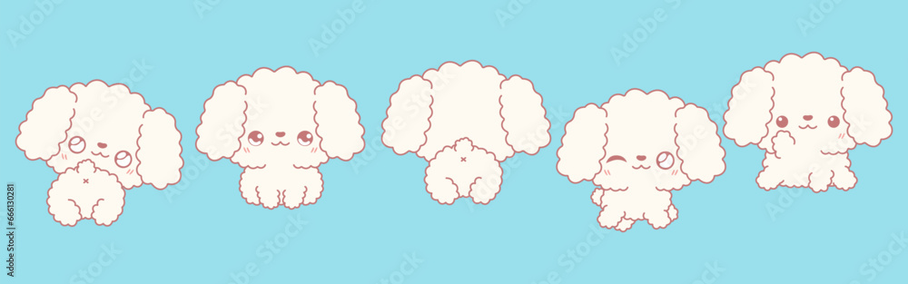 Collection of Vector Cartoon Poodle Dog Art. Set of Kawaii Isolated Animal Illustrations for Prints for Clothes, Stickers, Baby Shower, Coloring Pages