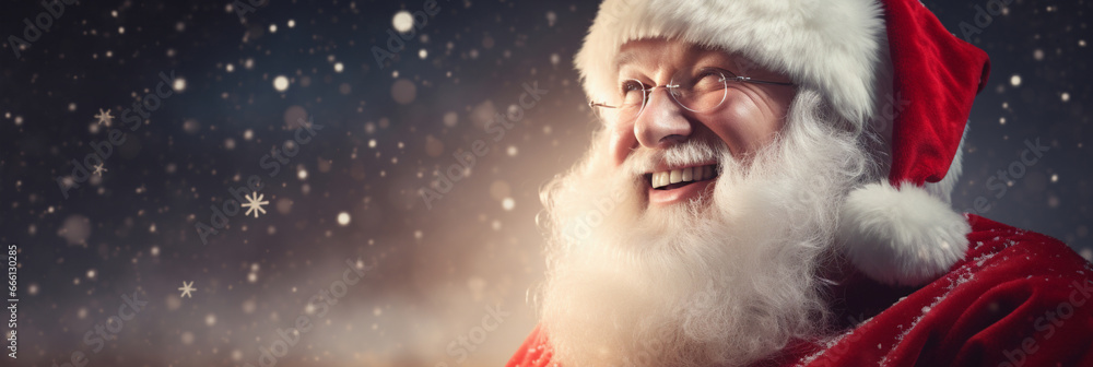 Santa Claus in his traditional costume on a festive banner Santa Claus in his traditional costume on a festive banner