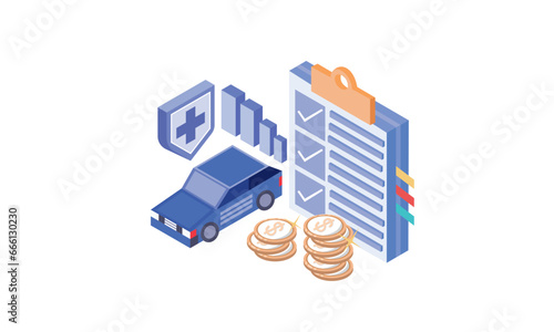 Auto insurance policy form Insurance providing security document, car care and protection concept.on white background.3D design.isometric vector design Illustration.