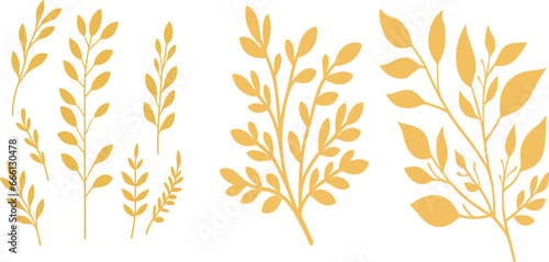 Gold branch leaf element set on a transparent background, Flat Vector Illustration