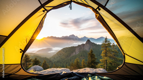Tourists tent on top of the mountain at sunrise over mountains beautiful landscapes, and autumn mountains, Traveler people enjoying adventure alternative vacation Camping travel fresh air concept
