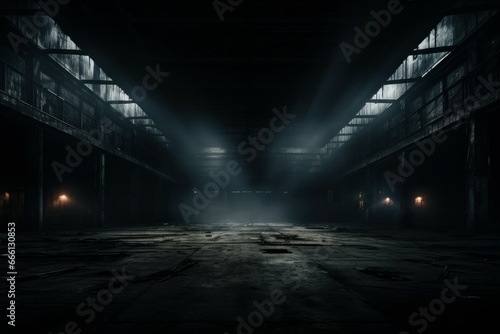 Foreboding Dark empty warehouse. Hall inside floor. Generate Ai