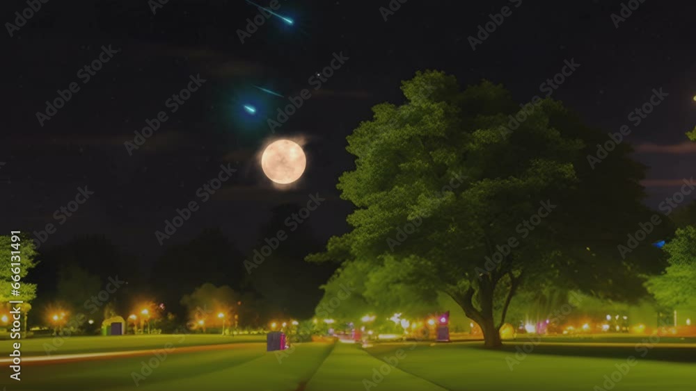 beautiful and large flowering green cherry tree. beautiful panorama in night. Cartoon or anime illustration style. seamless looping 4K time-lapse virtual video animation background. beautiful and large flowering green cherry tree. beautiful panorama in night. Cartoon or anime illustration style. seamless looping 4K time-lapse virtual video animation background.