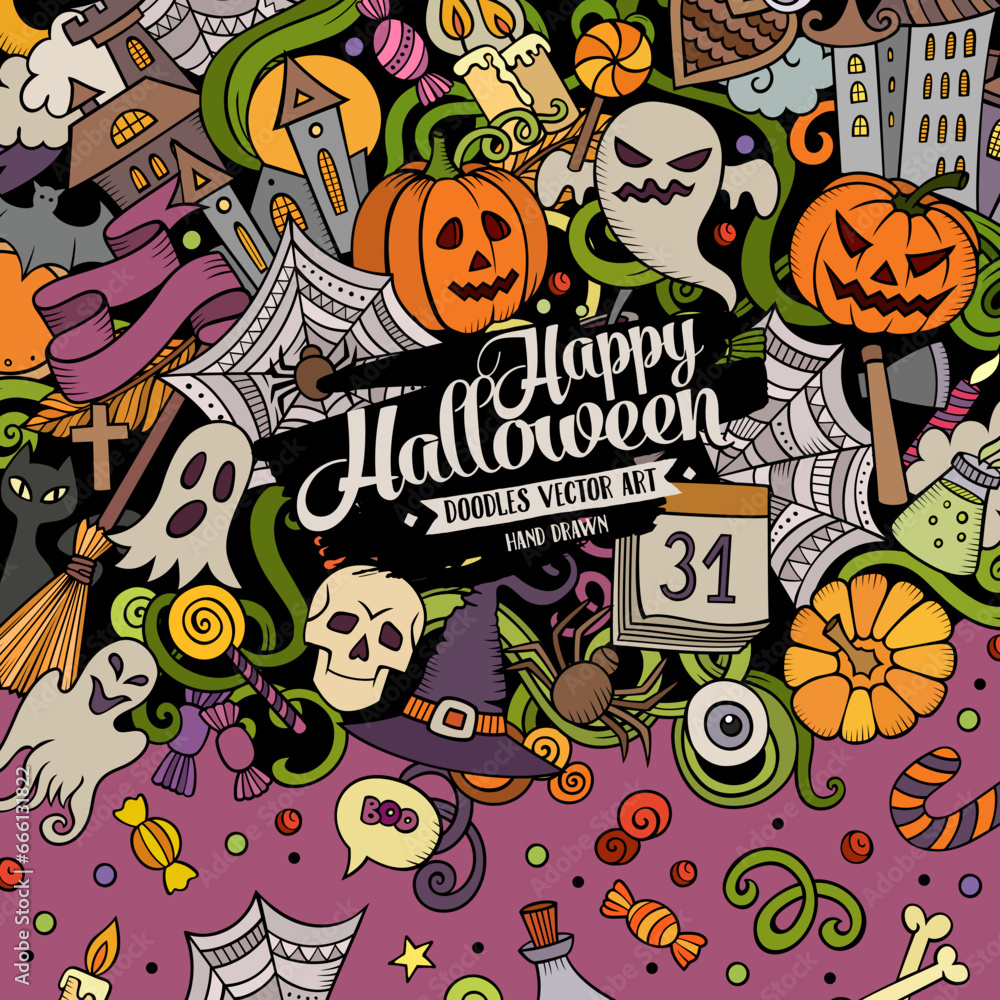 Cartoon vector doodles Happy Halloween border Cartoon vector doodles Happy Halloween border