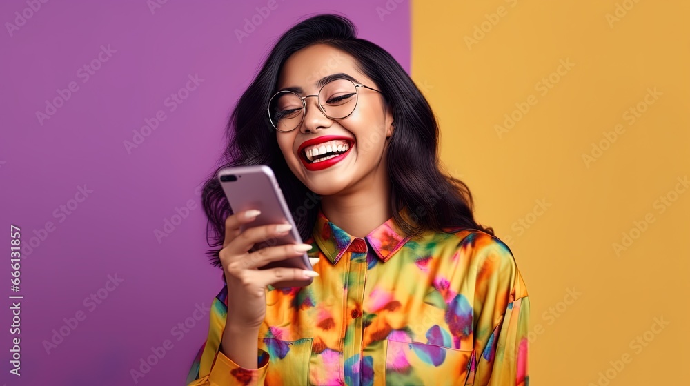Charismatic and cheerful woman holding a cellphone, AI generative Charismatic and cheerful woman holding a cellphone, AI generative