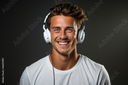 Close-up portrait of handsome young man in T-shirt wearing white headphones. Mature hipster with stylish haircut and stubble listening to music and smiling happily. Isolated on black background.