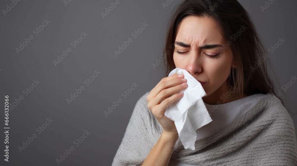 A woman with a runny nose wipes her nose with a paper tissue. Flu and colds. Seasonal diseases. A woman with a runny nose wipes her nose with a paper tissue. Flu and colds. Seasonal diseases.