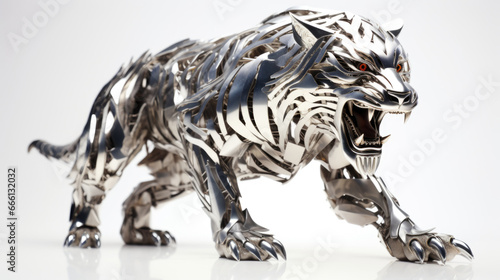 A sculpture of a tiger on a white surface, metal tiger statue © Friedbert