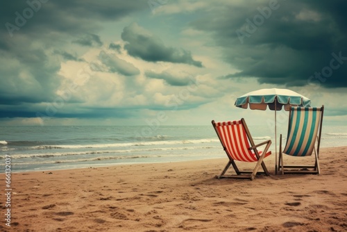 Comfortable Beach chairs umbrella. Sunset tropical resort. Generate Ai © juliars